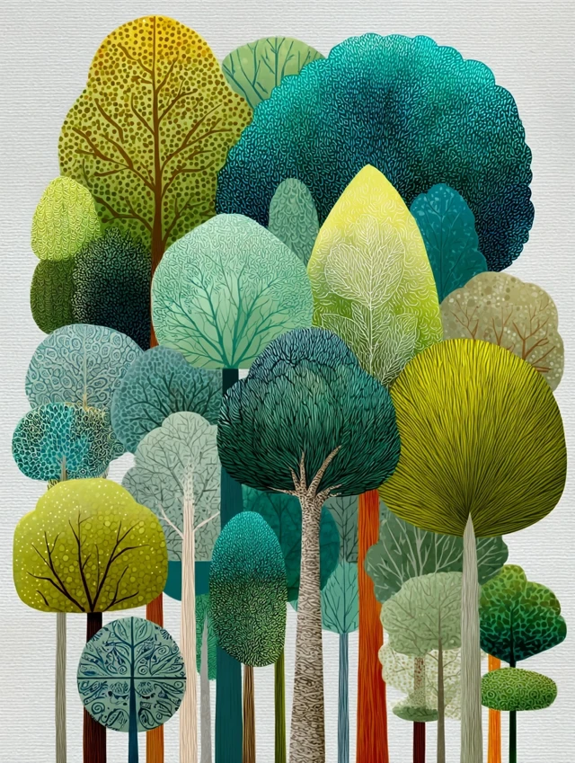 Lush Forest Illustration with Zentangle Leaves