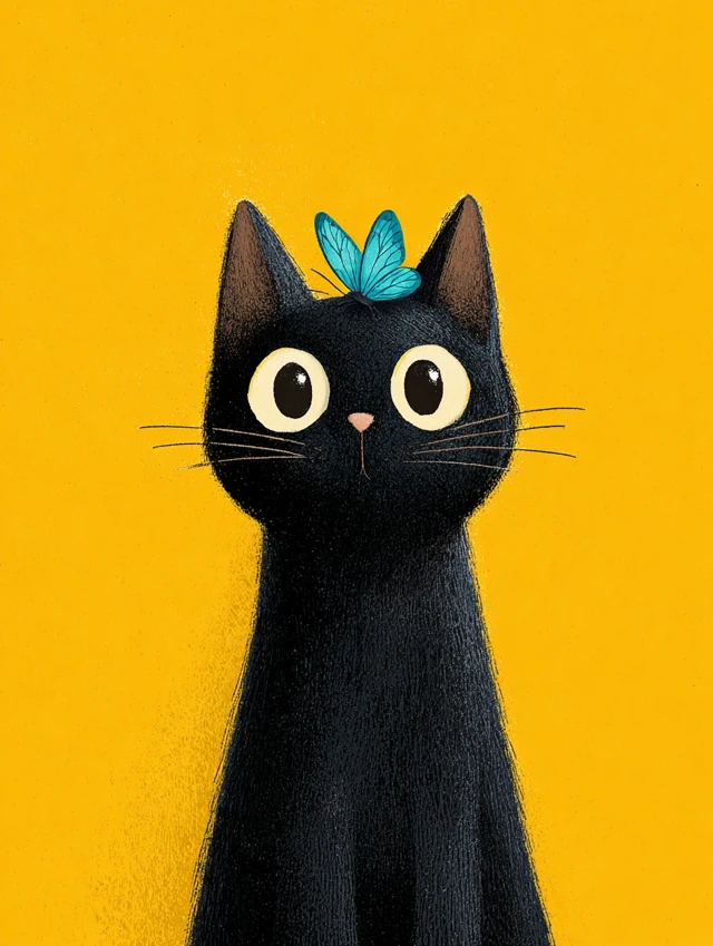 Cute Black Cat with Butterfly Illustration