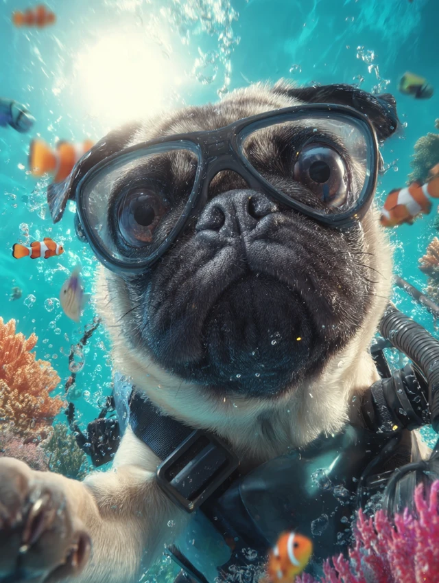 Underwater Pug Portrait Scuba Diving Adventure
