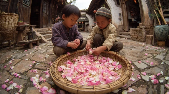 Asian Kids Picking Rose Petals Yunnan China