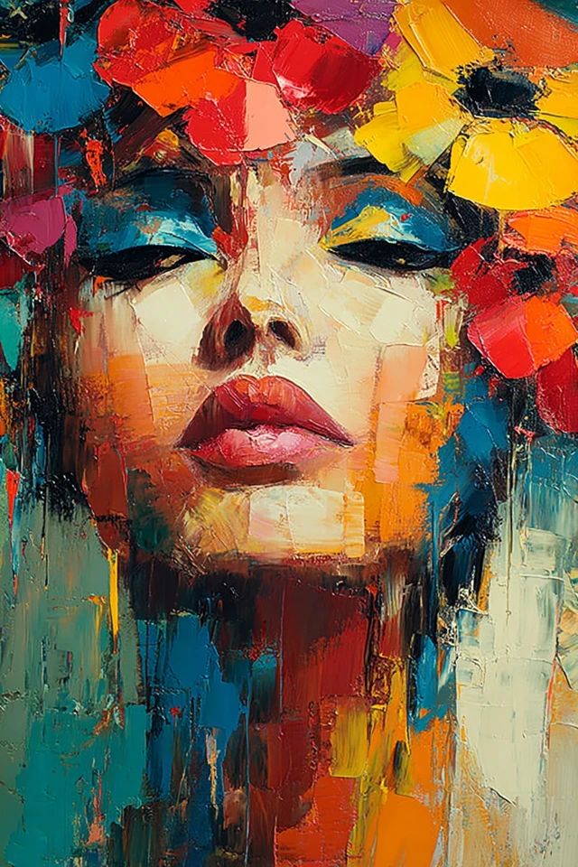 Abstract Portrait Art with Floral Crown and Vivid Colors