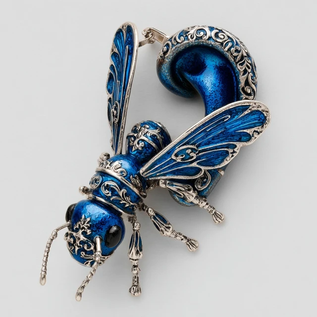 Ornate Blue Enamel and Silver Ant HR Giger Style