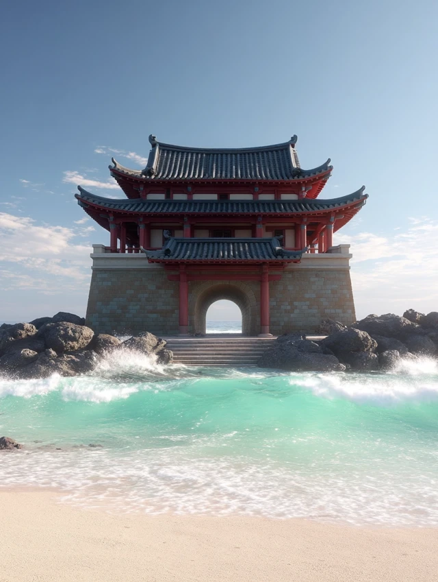 Majestic East Asian Temple on the Beach 3D Render
