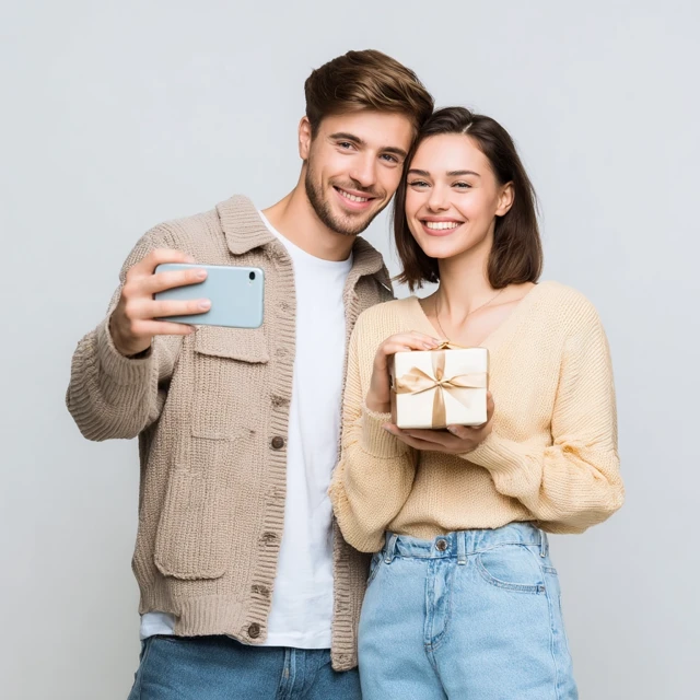 Happy Couple Giving Gifts Smiling Smiling