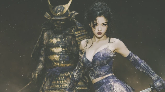 Geisha Samurai in Combat Striking Warrior Pose