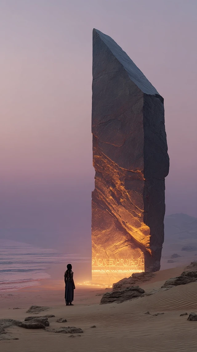 Mystical Monolith: Desert Scene with Ethereal Woman