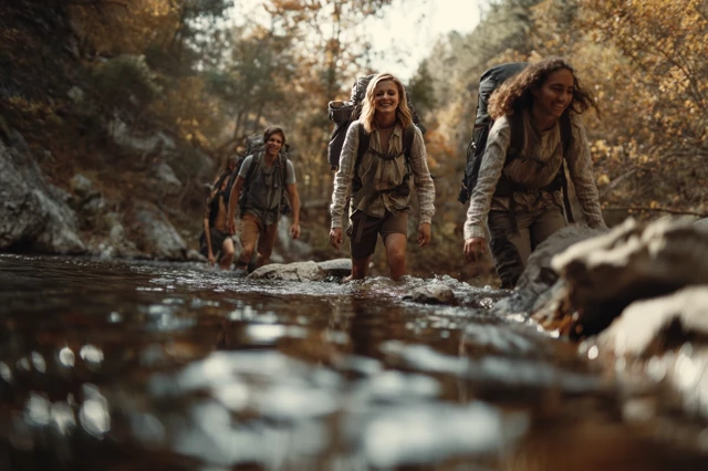 Teens Hiking Creek Autumn Adventure Film
