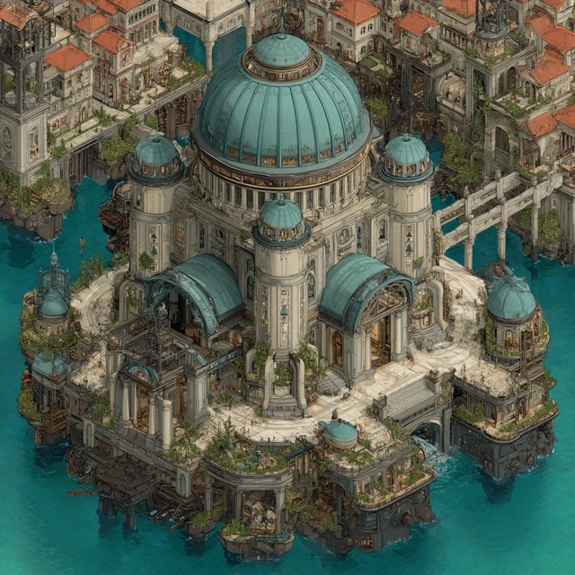 Floating City in Ancient Greek and Steampunk Style