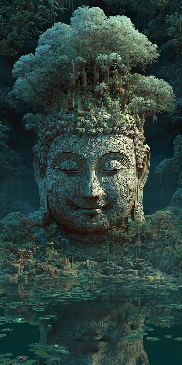 Buddha Statue with Trees Tranquil Forest Art