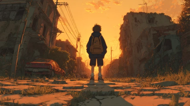 Anime Boy in Abandoned City Sunset Melancholy
