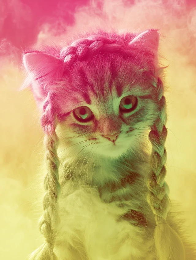Cute Kitten with Braids Neon Lights
