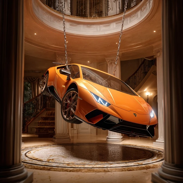 Luxury Mansion Foyer with Upside Down Lamborghini