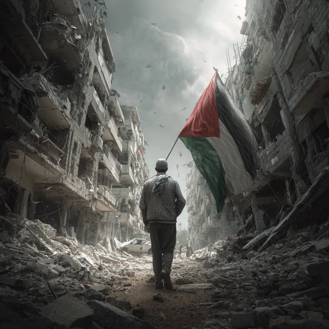Man in Palestine Holding Flag Amidst Destruction