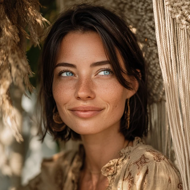Beautiful Woman with Blue Eyes Boho Portrait