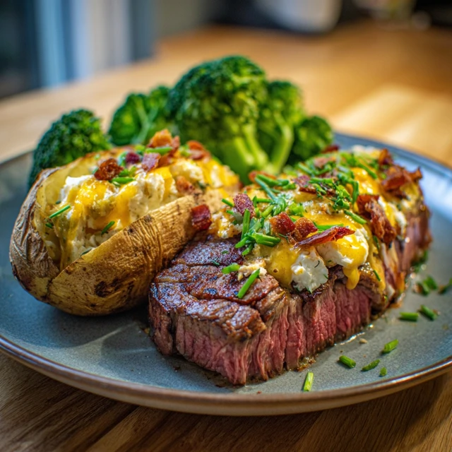 Sirloin Steak with Baked Potato and Broccoli