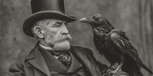 Vintage Portrait Man with Raven Sepia Tone Photograph