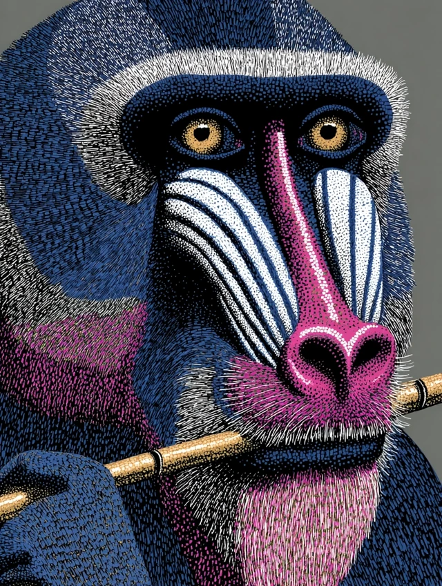 Striking Mandrill Holding Stick Illustration