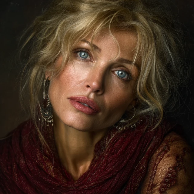 Mature Woman Portrait Intense Blue Eyes Blonde Hair