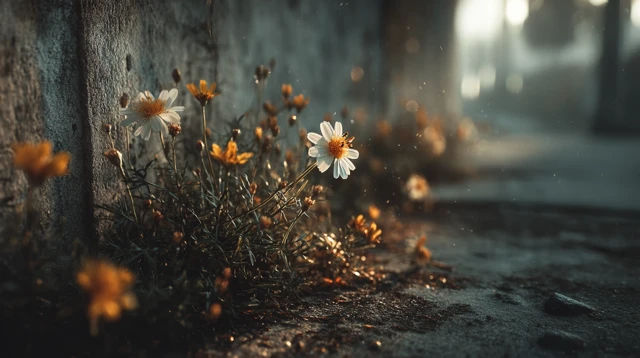 Flowers Blooming in Sunlight Concrete Wall