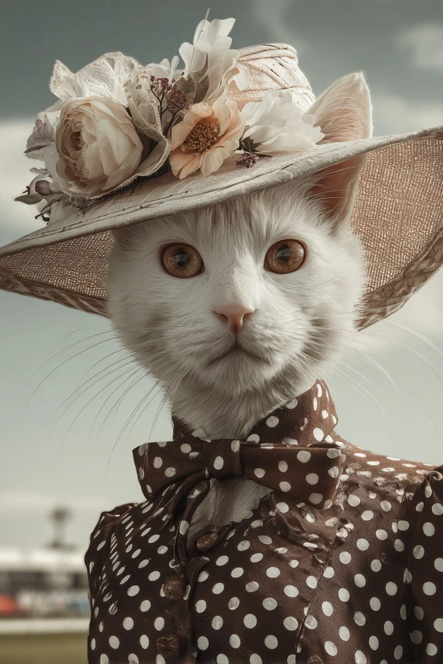 Royal Ascot Cat in Polka Dot Dress and Hat