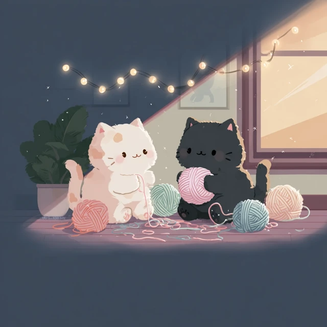 Kawaii Cats Playing with Yarn Pastel Cartoon Illustration