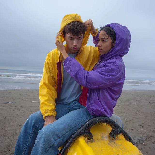 Young Couple on Beach: Bright Jackets and Rainy Day