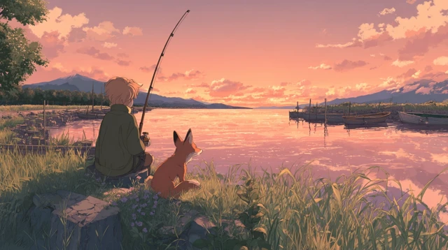 Anime Sunset Fox Fishing by the River