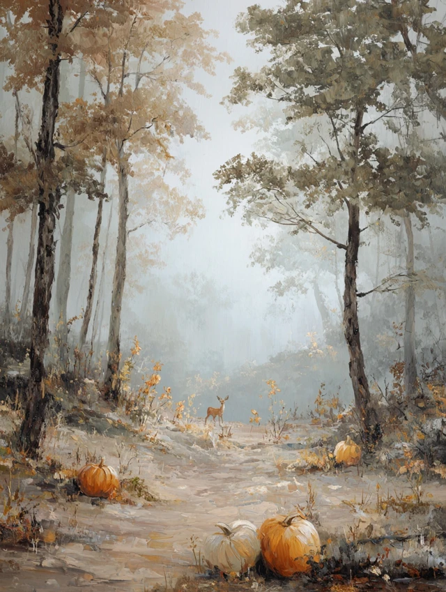 Vintage Autumn Forest Oil Painting with Pumpkins