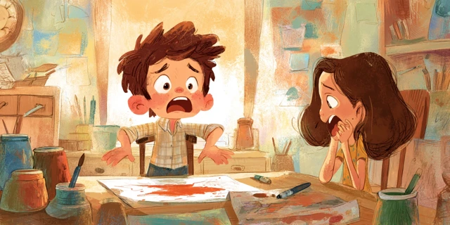 Childrens Book Illustration: Angry Boy in Classroom