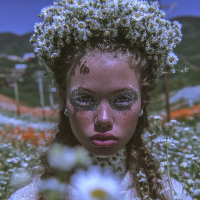 Bohemian Bridal Model with Flowers and Glitter Eyeshadow