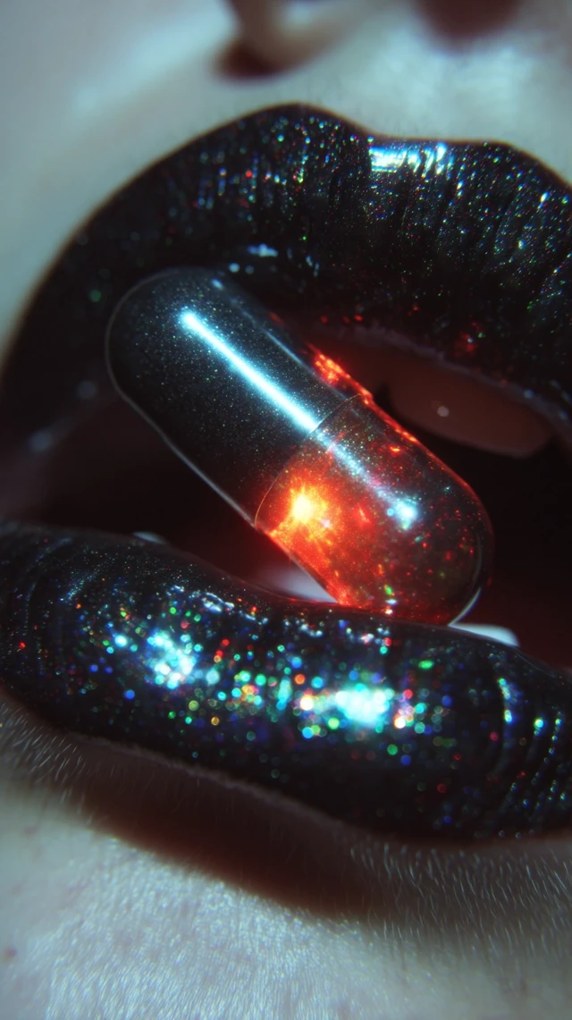 Glossy Lips and Holographic Pill - Cinematic Photo