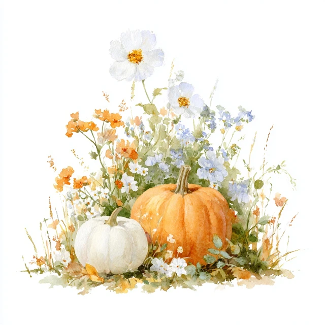Watercolor Autumn Pumpkin and Wildflower Illustration