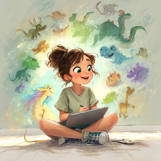 Girl Drawing Dinosaurs Unicorns and Princesses Cartoon Art