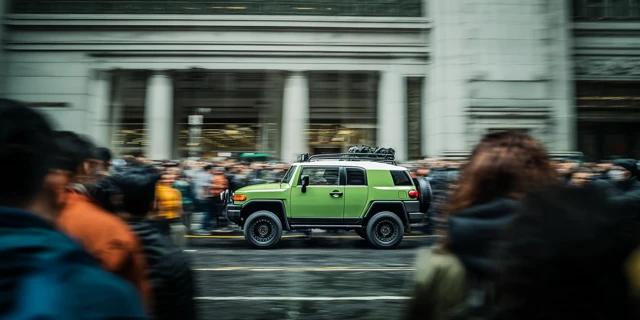 Toyota FJ Parrot Green Off Road Speeding Through Crowd
