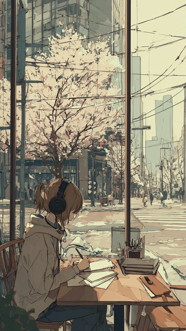 Anime Girl Studying Cafe Spring LoFi Ghibli Aesthetic