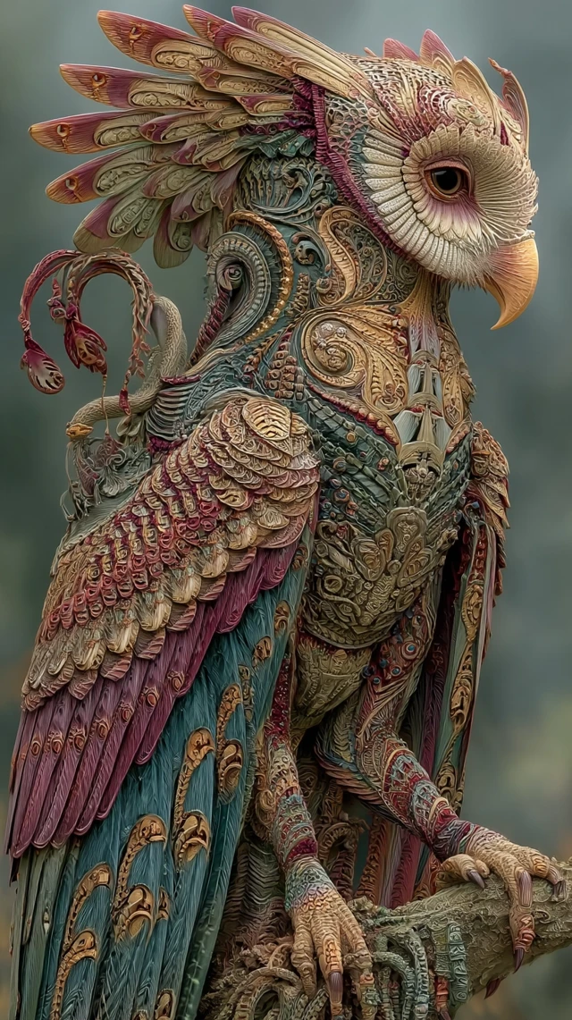Mystical Owl Bird with Five Colored Feathers