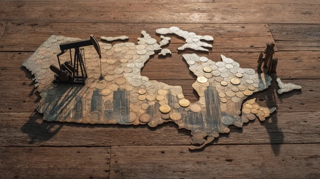 Canada Map Collage on Wood with Coins and Skylines