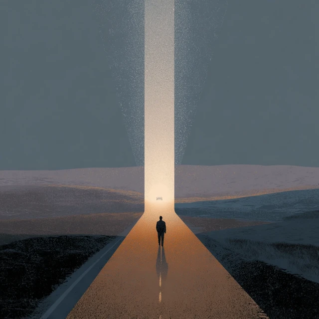 Person Walking on Road: Journey Towards the Light