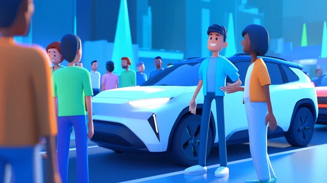 Modern 3D Illustration Roadside Scene with People and Car