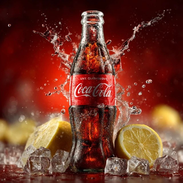 Refreshing Coca-Cola Ad with Ice and Lemon