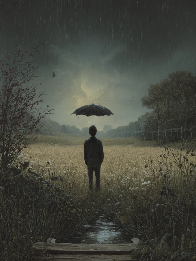 Man in the Rain Field Moody Illustration