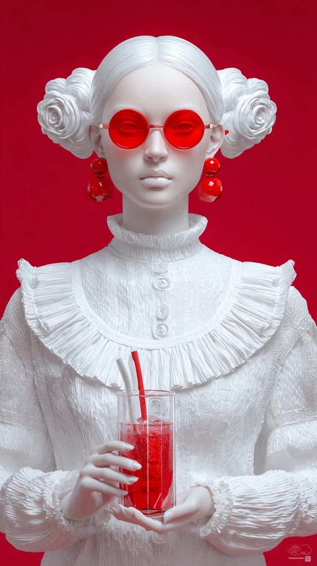 Fashion Sculpture: White Figure with Red Sunglasses and Drink