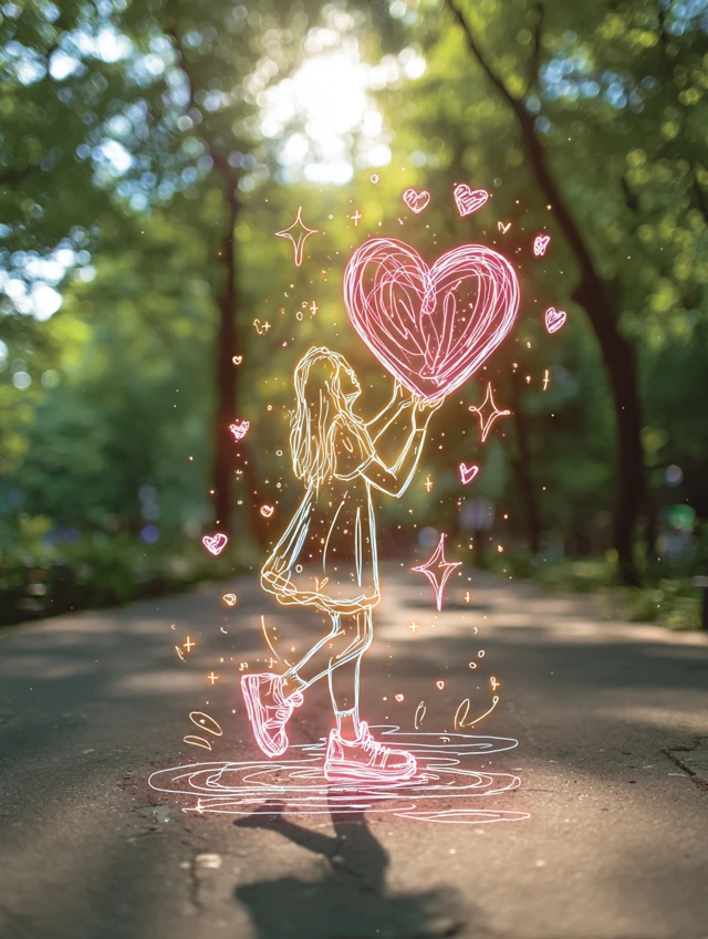 Neon Girl in Summer Park Glowing Heart Art