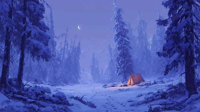 Snowy Forest Clearing Under Crescent Moon