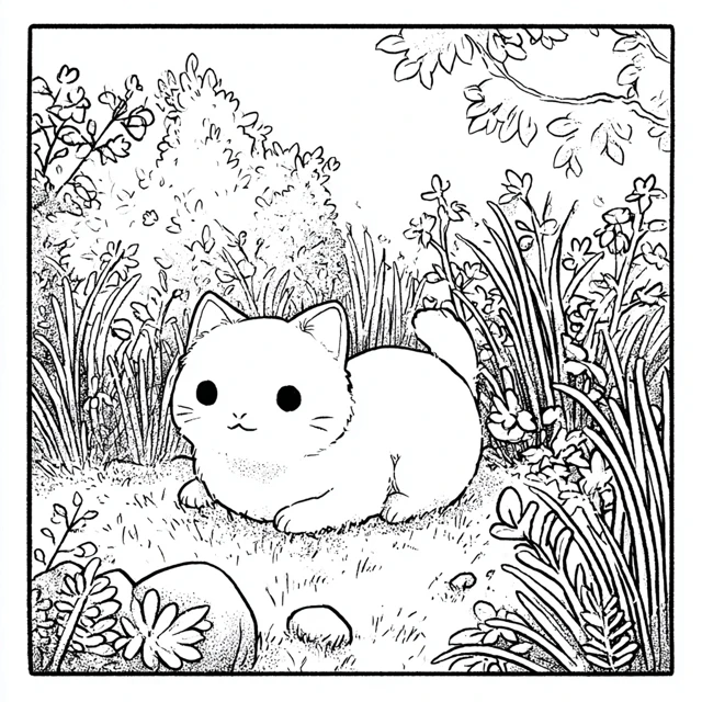 Cat in Garden Coloring Page for Kids Kawaii Style