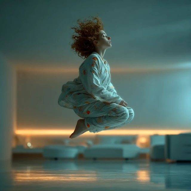 Floating Girl in Futuristic Room: Realistic Portrait