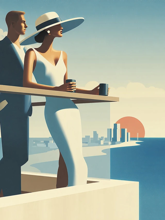 Balcony Sunset Couple with Coffee Minimal Illustration