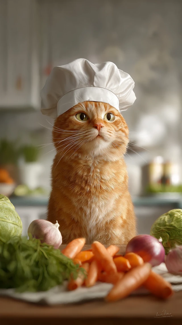 Chef Cat with Fresh Vegetables