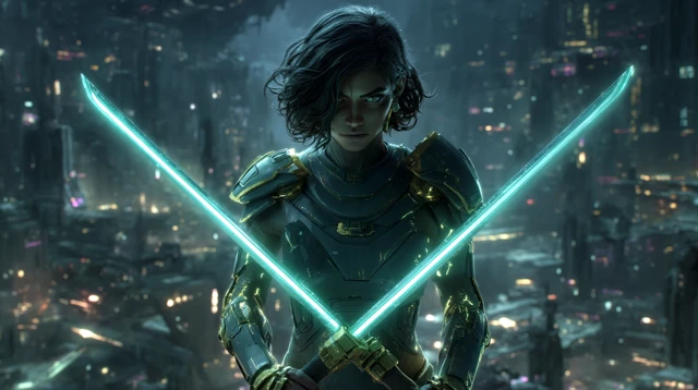 Sci-fi Indian Warrior with Glowing Swords