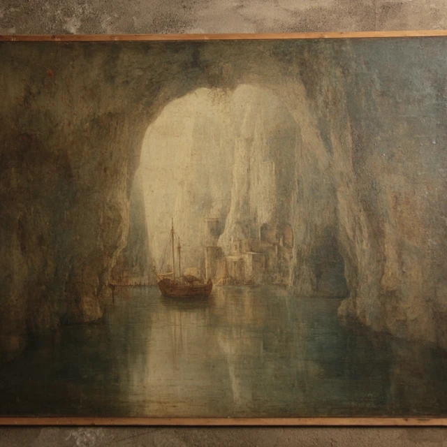 Harbour in a Cave Arnold Bocklin Style Oil Painting